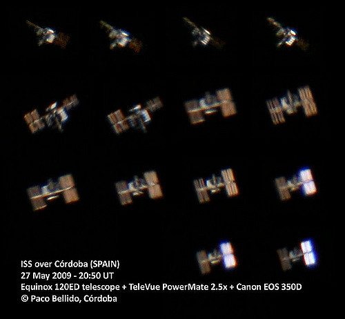 La ISS captada con una cámara réflex adaptada a un telescopio refractor y seguimiento manual. Foto: © Paco Bellido